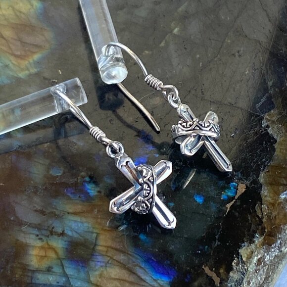 Sterling Silver 925 Petite Dainty Cross & Crown Dangle Drop Earrings - Picture 13 of 16